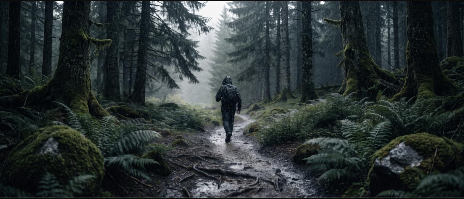 Hiker in a hooded rain jacket walking a wet forest trail in steady rain