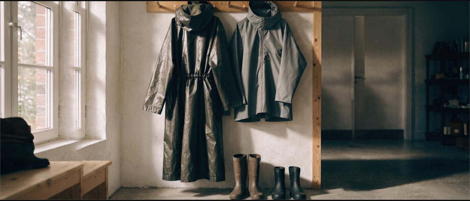 A long raincoat and a short rain jacket hanging side by side by a door with boots below